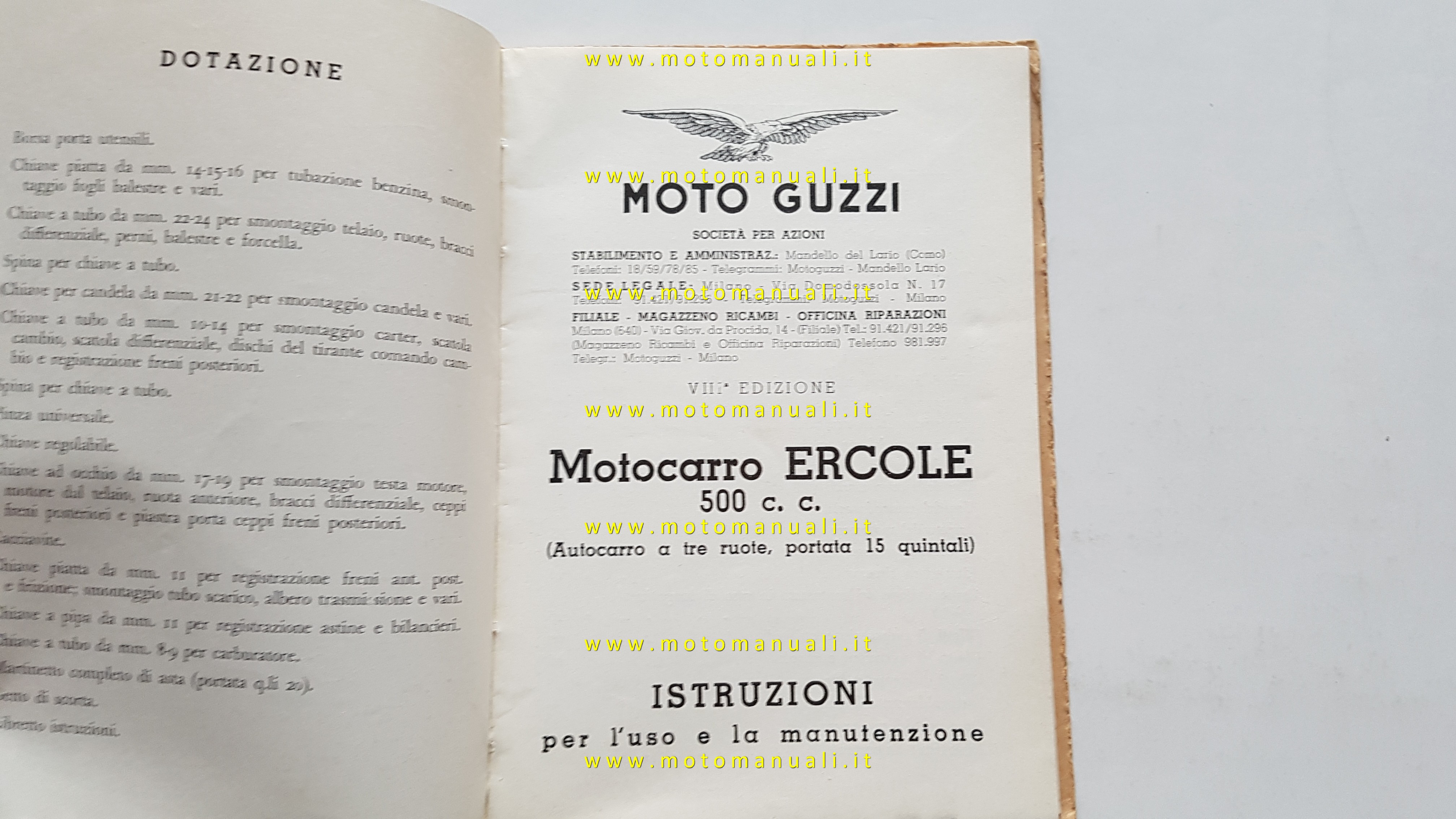 Owners Manuals Moto Guzzi Ercole 500 1953 Manuale Uso Manutenzione