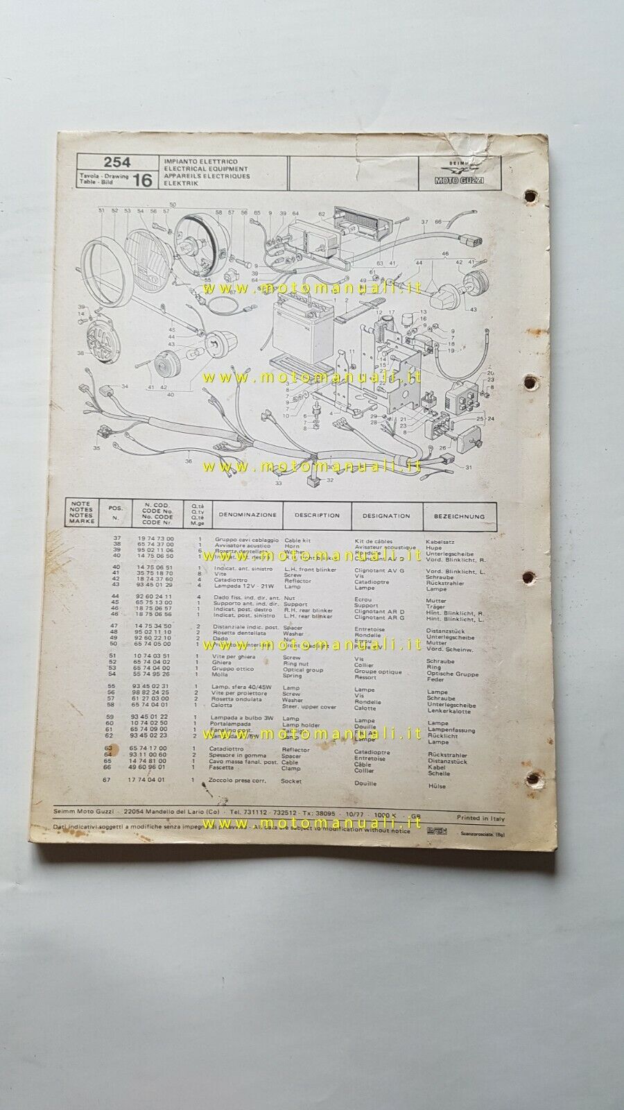 Spare Parts Catalogs MOTO GUZZI 254 1977 Catalogo Ricambi Originale